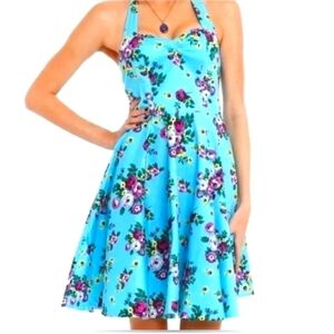 Hell Bunny Vixen Turquoise Floral Halter May Day Dress Size M